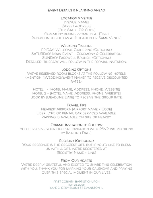 Customizable Save-the-Date + Wedding Weekend Letter Template (Editable PDF & Google Doc)